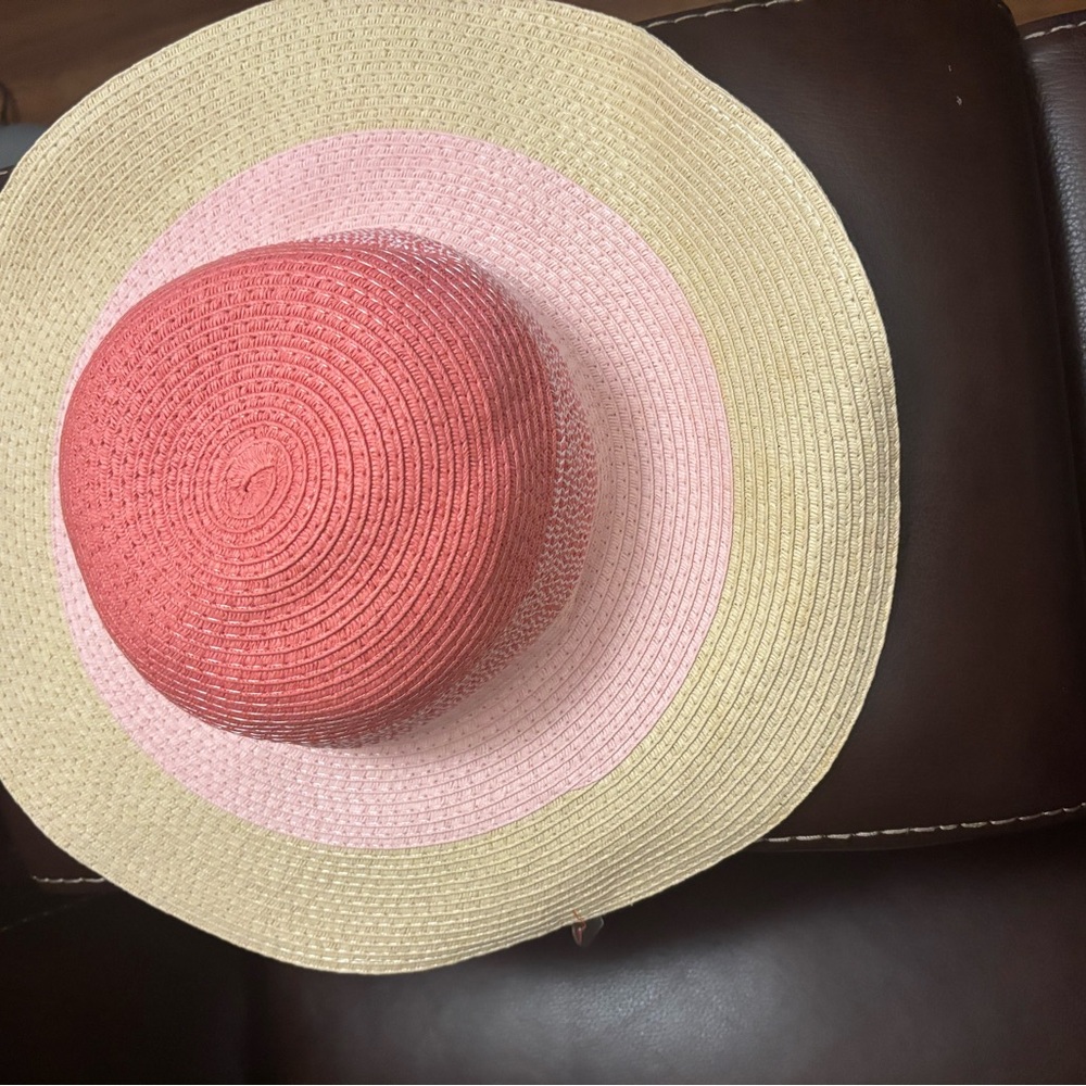Striped Wide-Brim Straw Sun Hat - Coral, Pink & Natural